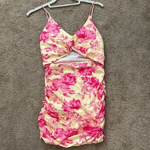 Floral Pink and Yellow Ruched Dress